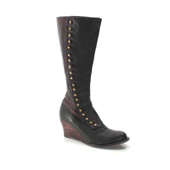Calleen Cordero Knee High Boots 6.5 Black Brown Leather Brass Button Wedge Heel - Picture 5 of 15